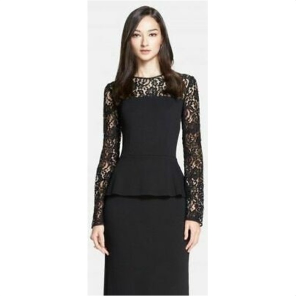 John Dresses St John Rose Noir Lace Yoke Satin Peplum